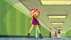 Size: 1920x1080 | Tagged: safe, screencap, nolan north, starlight, sunset shimmer, teddy t. touchdown, equestria girls, equestria girls series, forgotten friendship, g4, canterlot high, clothes, cutie mark, cutie mark on clothes, eyes closed, geode of empathy, hallway, lockers, magical geodes, screaming