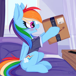 Size: 1342x1339 | Tagged: safe, artist:omi, rainbow dash, pegasus, pony, g4, amazon, amazon box, bedroom, blushing, clothes, female, folded wings, looking at something, mare, open mouth, open smile, package, profile, shirt, side view, sitting, smiling, solo, t-shirt, tail, wings