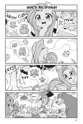 Size: 1000x1500 | Tagged: safe, discord, fluttershy, harry, draconequus, pony, unicorn, g4, my little pony: the manga, my little pony: the manga volume 3, spoiler:manga3, animal, banner, cookie, cute, discord is not amused, duo, female, food, male, open mouth, shyabetes, unamused