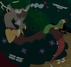 Size: 1280x1210 | Tagged: safe, artist:maretrick, discord, draconequus, g4, bush, detachable horn, ear plugs, eyes closed, flower, gritted teeth, horn, male, modular, night, onomatopoeia, signature, sleeping, solo, sound effects