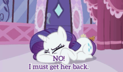 Size: 848x496 | Tagged: safe, rarity, pony, unicorn, g4, sisterhooves social, animated, determined, determined look, gif, implied princess celestia, implied sweetie belle, solo, subtitles