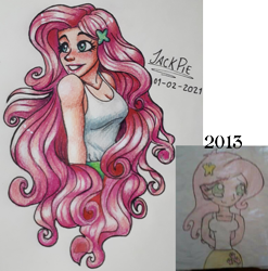 Size: 1709x1728 | Tagged: safe, artist:jack-pie, fluttershy, human, g4, 2021 vs, breasts, busty fluttershy, cleavage, clothes, humanized, redraw, sleeveless, tank top, traditional art
