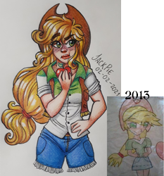 Size: 1620x1737 | Tagged: safe, artist:jack-pie, applejack, human, g4, 2021 vs, breasts, cutie mark on human, eating, freckles, hand on hip, humanized, redraw, traditional art