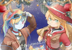 Size: 1890x1325 | Tagged: safe, artist:yuan-rino, applejack, rainbow dash, equestria girls, g4, christmas, clothes, female, hat, holiday, lesbian, looking at you, one eye closed, ship:appledash, shipping, sunglasses, vest, wink