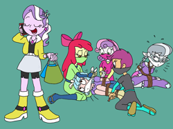 Size: 1738x1299 | Tagged: safe, artist:bugssonicx, apple bloom, cozy glow, diamond tiara, scootaloo, silver spoon, sweetie belle, human, equestria girls, g4, bondage, bound and gagged, brightly colored ninjas, cellphone, cloth gag, cutie mark crusaders, female, gag, gagging, kidnapped, kunoichi, mask, ninja, oblivious, over the nose gag, phone, phone call, rope, rope bondage, sandals, smartphone, tied up, tying