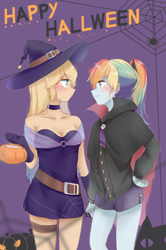 Size: 1000x1504 | Tagged: safe, artist:yuan-rino, applejack, rainbow dash, vampire, equestria girls, g4, breasts, cleavage, clothes, costume, female, halloween, halloween costume, holiday, lesbian, misspelling, pumpkin, ship:appledash, shipping, witch