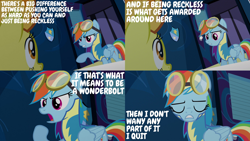 Size: 1986x1117 | Tagged: safe, edit, edited screencap, editor:quoterific, screencap, rainbow dash, spitfire, pegasus, pony, g4, wonderbolts academy, angry, clothes, duo, eyes closed, female, goggles, open mouth, spitfire's office, uniform, wonderbolts uniform