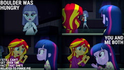 Size: 1986x1117 | Tagged: safe, edit, edited screencap, screencap, boulder (g4), maud pie, sunset shimmer, twilight sparkle, equestria girls, g4, my little pony equestria girls: rainbow rocks, clothes, female, hungry, open mouth, pajamas, rock, trio, trio female