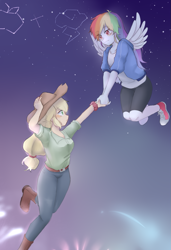 Size: 963x1406 | Tagged: safe, artist:yuan-rino, applejack, rainbow dash, human, equestria girls, appledash, applejack's hat, belt, blushing, boots, clothes, compression shorts, constellation, converse, cowboy boots, cowboy hat, cowgirl, duo, duo female, female, fireworks, flying, green eyes, hat, jeans, lesbian, long hair, multicolored hair, night, night sky, pants, partial transformation, pink eyes, ponytail, shipping, shoes, shorts, sky, sneakers, stars, tomboy, wing growth, wings, wristband
