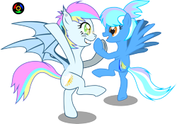 Size: 4356x3043 | Tagged: safe, artist:kyoshyu, oc, oc only, oc:eclaircie clearing, oc:wind sail, bat pony, pegasus, pony, bipedal, dancing, duo, duo female, female, mare, open mouth, simple background, standing, standing on one leg, transparent background, vector
