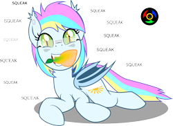 Size: 4098x2980 | Tagged: safe, artist:kyoshyu, oc, oc only, oc:eclaircie clearing, bat pony, pony, female, food, goggles, high res, lying down, mango, mare, prone, simple background, solo, transparent background