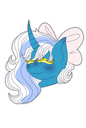 Size: 1181x1748 | Tagged: safe, artist:karma-doodles, oc, oc only, oc:fleurbelle, alicorn, pony, alicorn oc, blushing, bow, bust, eyes closed, female, hair bow, horn, mare, simple background, smiling, solo, transparent background, wings, yellow eyes
