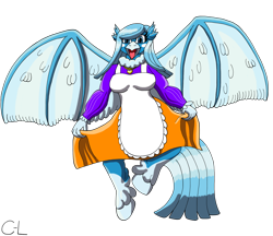 Size: 3408x2939 | Tagged: safe, artist:cyborglucario, oc, oc:sora melody, bat pony, hippogriff, anthro, unguligrade anthro, apron, blouse, breasts, clothes, high res, hybrid oc