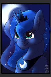 Size: 862x1300 | Tagged: safe, artist:zobaloba, princess luna, alicorn, pony, g4, bust, crescent moon, crown, cute, ear fluff, ethereal mane, fanart, female, jewelry, mare, moon, necklace, night, regalia, smiling, solo, starry mane