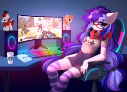 Size: 4888x3536 | Tagged: safe, alternate version, artist:airiniblock, autumn blaze, pear butter, oc, oc only, oc:cinnabyte, earth pony, anthro, rcf community, g4, clothes, earth pony oc, female, gaming, headset, overwatch, plushie, socks, solo, starbucks, stockings, striped socks, thigh highs