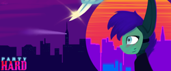 Size: 2560x1080 | Tagged: safe, artist:toxinagraphica, pony, city, crazy face, crossover, fanart, game, knife, magic, male, mask, minimalist, modern art, moon, night, party hard, ponified, poster, purple sky, sky, solo, synthwave, text
