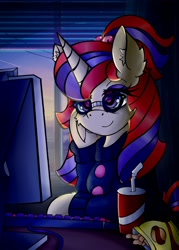 Size: 2928x4096 | Tagged: safe, artist:canvymamamoo, moondancer, pony, unicorn, g4, chips, clothes, computer, computer screen, drink, ear fluff, female, food, glasses, glowing, keyboard, lidded eyes, mare, potato chips, raised hoof, sitting, smiling, solo, sweater, underhoof