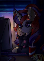 Size: 2928x4096 | Tagged: safe, alternate version, artist:canvymamamoo, moondancer, pony, unicorn, g4, chips, clothes, computer, computer screen, dark, drink, ear fluff, female, food, glasses, keyboard, lidded eyes, mare, potato chips, raised hoof, sitting, smiling, solo, sweater, underhoof