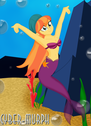Size: 1928x2664 | Tagged: safe, artist:cyber-murph, orange sunrise, mermaid, equestria girls, g4, my little pony equestria girls: better together, armpits, arms in the air, beanie, belly, belly button, bikini, bra, breasts, bubble, cleavage, clothes, coral, cute, flowing hair, hands in the air, hat, mermaidized, midriff, seashell bra, seaweed, signature, species swap, swimsuit, underwater