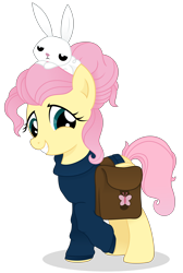 Size: 4812x7150 | Tagged: safe, artist:cirillaq, angel bunny, fluttershy, pegasus, pony, rabbit, g4, absurd resolution, alternate hairstyle, animal, bag, clothes, duo, female, folded wings, looking at you, mare, raised hoof, saddle bag, simple background, sitting on head, smiling, standing, sweater, sweatershy, three quarter view, transparent background, vector, wings