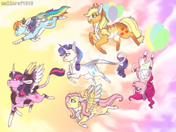Size: 1024x768 | Tagged: safe, artist:malinraf1615, applejack, fluttershy, pinkie pie, rainbow dash, rarity, twilight sparkle, alicorn, pony, g4, alternate design, balloon, chest fluff, coat markings, colored wings, colored wingtips, floating, flying, leonine tail, looking ahead, mane six, markings, multicolored wings, pale belly, socks (coat markings), then watch her balloons lift her up to the sky, twilight sparkle (alicorn), wings