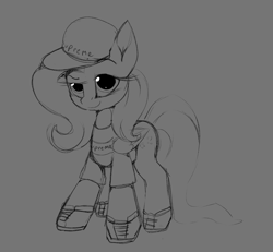 Size: 2544x2352 | Tagged: safe, artist:luxsimx, fluttershy, pegasus, pony, g4, clothes, drip, hat, high res, monochrome, out of character, shirt, shoes, solo, supreme