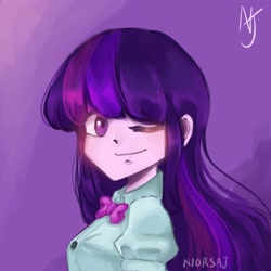 Size: 2000x2000 | Tagged: safe, artist:niorsaj, twilight sparkle, equestria girls, g4, bust, female, high res, one eye closed, purple background, simple background, solo, wink