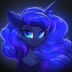 Size: 4000x4000 | Tagged: safe, artist:ask-colorsound, princess luna, alicorn, pony, absurd resolution, black background, bust, chest fluff, colored pupils, ear fluff, female, lidded eyes, looking at you, mare, portrait, simple background, solo