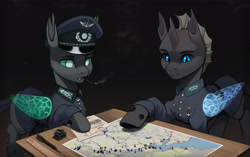 Size: 3000x1883 | Tagged: safe, artist:mrscroup, oc, oc only, oc:lunason, oc:trimmel, changeling, equestria at war mod, changeling oc, cigarette, clothes, duo, hat, male, map, medal, military uniform, peaked cap, pen, ruler, smoking, uniform, wings