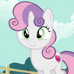 Size: 1020x1020 | Tagged: safe, screencap, sweetie belle, pony, unicorn, g4, the one where pinkie pie knows, c:, cropped, cute, diasweetes, female, filly, smiling, solo