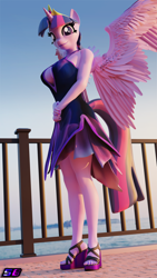 Size: 2160x3840 | Tagged: safe, artist:shadowboltsfm, twilight sparkle, alicorn, anthro, plantigrade anthro, g4, 3d, 4k, absolute cleavage, big breasts, blender, breasts, busty twilight sparkle, cleavage, clothes, crown, cute, dress, eyelashes, feet, female, high heels, high res, jewelry, looking at you, looking down, looking down at you, nail polish, not sfm, open-toed shoes, platform heels, regalia, shoes, smiling, solo, standing, toenail polish, toes, twilight sparkle (alicorn), wedge heel, wings