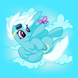 Size: 1080x1080 | Tagged: safe, artist:mediocremare, fleetfoot, butterfly, pegasus, pony, g4, cloud, cute, diafleetes, female, flying, goggles, mare, outdoors, smiling, solo