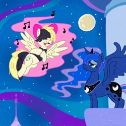 Size: 1080x1080 | Tagged: safe, artist:mediocremare, princess luna, songbird serenade, alicorn, pegasus, pony, g4, my little pony: the movie, clothes, duo, female, flying, full moon, headworn microphone, horn, jewelry, mare, moon, music notes, outdoors, peytral, singing, tiara, wings