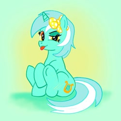 Size: 1080x1080 | Tagged: safe, artist:mediocremare, lyra heartstrings, pony, unicorn, g4, :p, bow, cute, eyelashes, female, hair bow, horn, looking at you, lyrabetes, mare, sitting, smiling, solo, tongue out, underhoof
