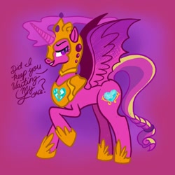 Size: 1080x1080 | Tagged: safe, artist:mediocremare, princess cadance, alicorn, pony, g4, abstract background, concave belly, female, glowing horn, helmet, hoof shoes, horn, mare, nightmare cadance, nightmare heart, nightmarified, raised hoof, smiling, smirk, solo