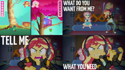 Size: 1986x1117 | Tagged: safe, edit, edited screencap, editor:quoterific, screencap, fluttershy, sunset shimmer, human, equestria girls, g4, game stream, my little pony equestria girls: better together, angry, controller, duo, duo female, female, open mouth, rage, tell me what you need, video game