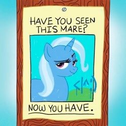 Size: 1080x1080 | Tagged: safe, artist:mediocremare, trixie, pony, unicorn, g4, bust, eyelashes, female, horn, mare, missing poster, outdoors, smiling, smirk, solo