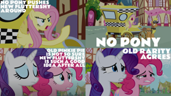 Size: 1986x1117 | Tagged: safe, edit, edited screencap, editor:quoterific, screencap, fare ride, fluttershy, pinkie pie, rarity, earth pony, pegasus, pony, unicorn, g4, putting your hoof down, season 2, angry, eyes closed, female, flutterbitch, gritted teeth, male, nose in the air, open mouth, worried, yelling