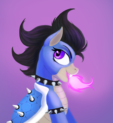 Size: 1023x1117 | Tagged: artist needed, source needed, safe, oc, oc only, oc:astre de noire, hybrid, original species, pony, fangs, female, fire, fire breath, open mouth, solo, spikes