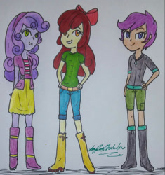 Size: 1355x1443 | Tagged: safe, artist:amyrosexshadowlover, apple bloom, scootaloo, sweetie belle, equestria girls, g4, boots, bow, clothes, cutie mark crusaders, female, hair bow, hand on hip, shoes, shorts, signature, skirt, smiling, traditional art, trio