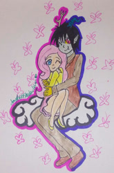 Size: 859x1302 | Tagged: safe, artist:amyrosexshadowlover, discord, fluttershy, human, g4, clothes, duo, eyelashes, female, horn, horned humanization, hug, humanized, male, one eye closed, ship:discoshy, shipping, shoes, signature, smiling, straight, traditional art, wink