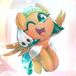 Size: 2048x2048 | Tagged: safe, artist:kurogewapony, somnambula, pegasus, pony, g4, :3, blushing, cute, female, flying, high res, mare, one eye closed, open mouth, smiling, solo, somnambetes, spread wings, volumetric mouth, wings, wink