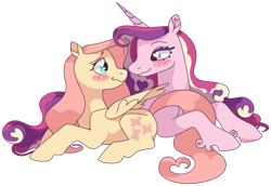 Size: 1280x881 | Tagged: safe, artist:atlantropa, fluttershy, princess cadance, alicorn, pegasus, pony, g4, blush sticker, blushing, duo, female, flutterdance, heart eyes, lesbian, looking at each other, lying down, mare, shipping, simple background, transparent background, wingding eyes