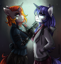 Size: 2300x2400 | Tagged: safe, artist:serodart, oc, oc only, unicorn, anthro, breasts, clothes, commission, duo, female, gun, hand in pocket, handgun, high res, hoodie, horn, mexican standoff, pistol, weapon