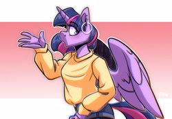 Size: 2048x1423 | Tagged: safe, artist:lrusu, twilight sparkle, alicorn, anthro, g4, blushing, clothes, ear piercing, earring, jewelry, piercing, shorts, solo, sweater, twilight sparkle (alicorn)