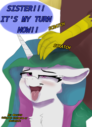 Size: 1424x1959 | Tagged: safe, artist:daru716, discord, princess celestia, alicorn, pony, g4, ahegao, faic, floppy ears, head scratch, implied princess luna, offscreen character, open mouth, scratching, tongue out