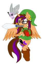 Size: 661x1000 | Tagged: safe, artist:juliet-gwolf18, oc, oc only, oc:sketchy, alicorn, fairy, parasprite, pony, alicorn oc, base used, boots, clothes, confused, cosplay, costume, ear fluff, ear piercing, eyelashes, fairy wings, female, flying, horn, link, mare, mouth hold, navi, piercing, shoes, sword, the legend of zelda, weapon, wings