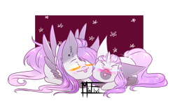 Size: 2632x1556 | Tagged: safe, artist:minelvi, oc, oc only, pegasus, pony, :p, blushing, chibi, duo, eyes closed, female, lying down, mare, pegasus oc, prone, signature, simple background, tongue out, transparent background, wings