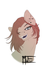 Size: 798x1266 | Tagged: safe, artist:minelvi, oc, oc only, earth pony, pony, bust, ear fluff, ear piercing, earth pony oc, eyelashes, fangs, one eye closed, open mouth, piercing, signature, simple background, smiling, solo, transparent background, wink
