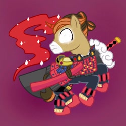 Size: 1080x1080 | Tagged: safe, artist:mediocremare, oc, oc only, pony, unicorn, abstract background, clothes, glowing eyes, glowing horn, horn, katana, looking back, male, rearing, solo, stallion, sword, unicorn oc, weapon